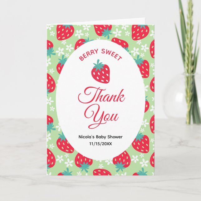 Berry Sweet Green Strawberry Baby Shower Tack Kort (Framsida)