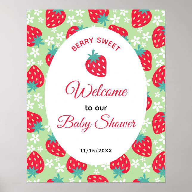 Berry Sweet Green Strawberry Baby Shower Welcome Poster (Framsidan)