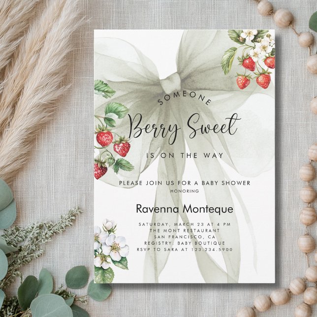 Berry Sweet Jordgubbs Sage Bow Baby Shower  Inbjudningar (Skapare uppladdad)