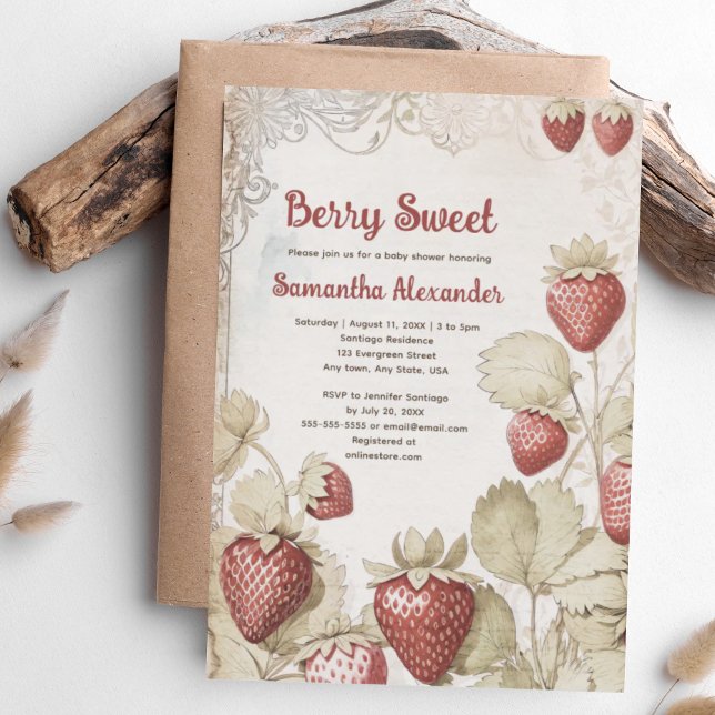 Berry Sweet jordgubbskädda dusch Inbjudningar (Berry Sweet Strawberry baby shower invitation. Vintage antique strawberry design. Sweet strawberries)