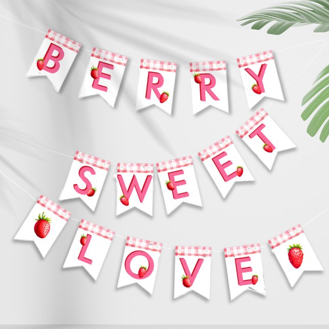 Berry Sweet Kärlek Strawberry Gingham Rosa Red Bac Vimplar (Berry Sweet Love Strawberry Gingham Country Chic flags bunting bachelorette hen party bride pink red)