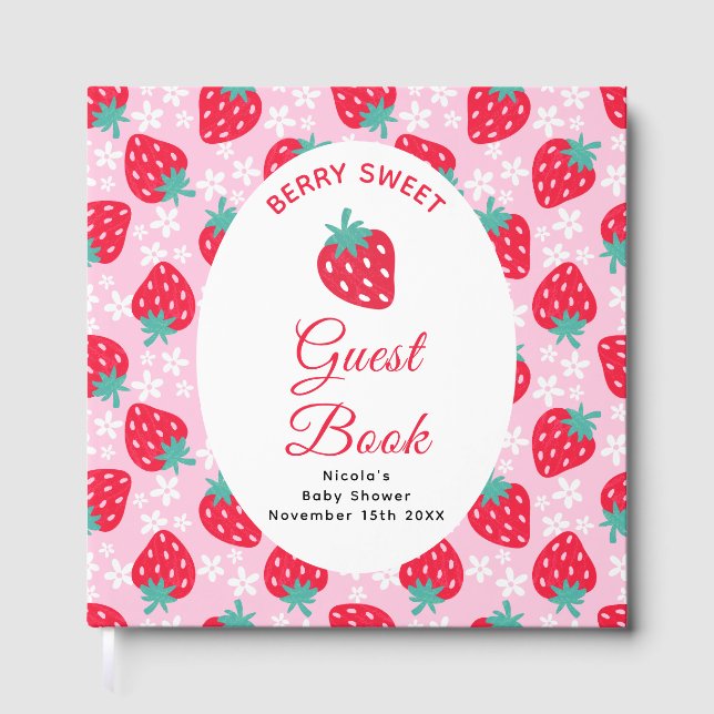 Berry Sweet Pink Strawberry Baby Shower Guest Book Gästböcker (Framsida)