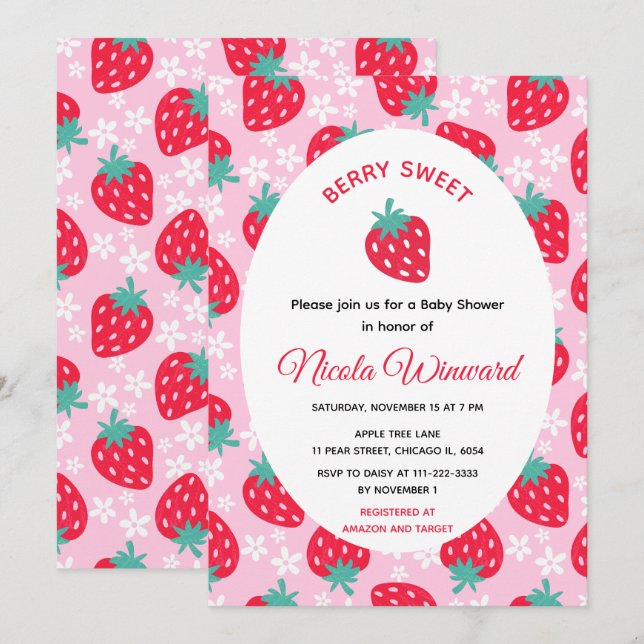 Berry Sweet Pink Strawberry Baby Shower Inbjudningar (Fram/baksida)