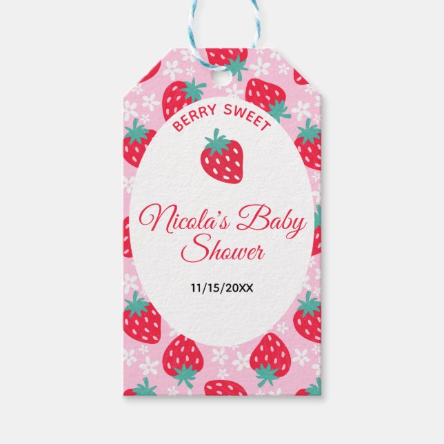 Berry Sweet Pink Strawberry Baby Shower Presentetikett (Framsidan)