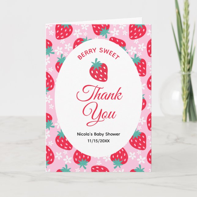 Berry Sweet Pink Strawberry Baby Shower Tack Kort (Framsida)