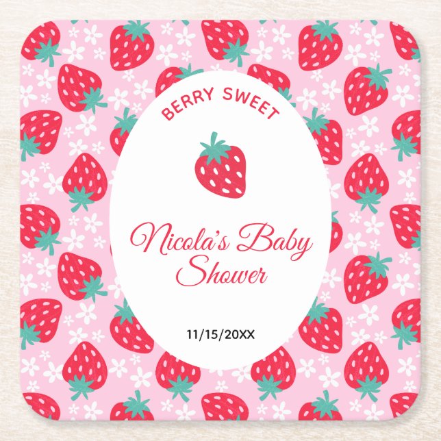 Berry Sweet Pink Strawberry Baby Shower Underlägg Papper Kvadrat (Framsidan)
