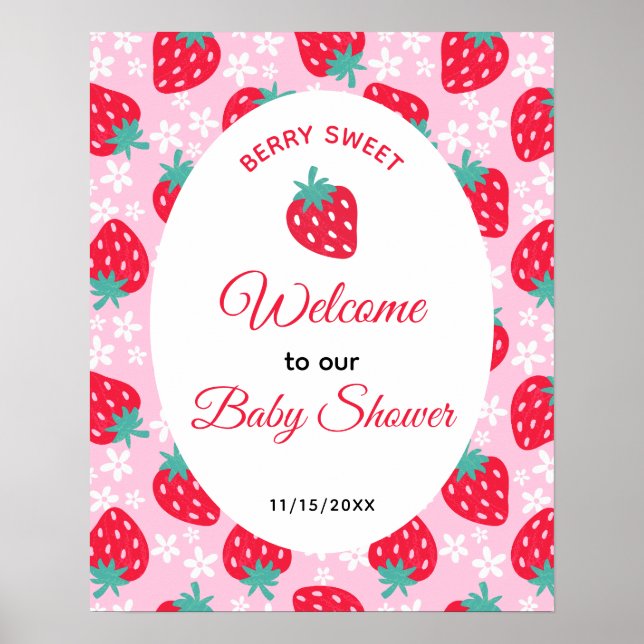 Berry Sweet Pink Strawberry Baby Shower Welcome Poster (Framsidan)