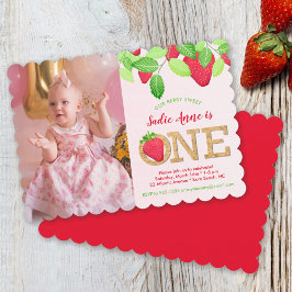 Berry Sweet Red Strawberry 1:a Birthday Girl Photo Inbjudningar