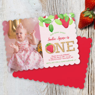 Berry Sweet Red Strawberry 1:a Birthday Girl Photo Inbjudningar