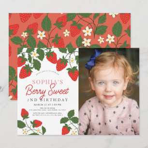 Berry Sweet Red Strawberry Photo 2nd Birthday Inbjudningar