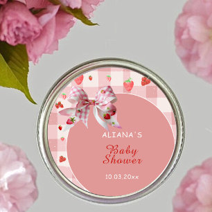 Berry Sweet Rosa Checkated Coquette Baby Shower Runt Klistermärke