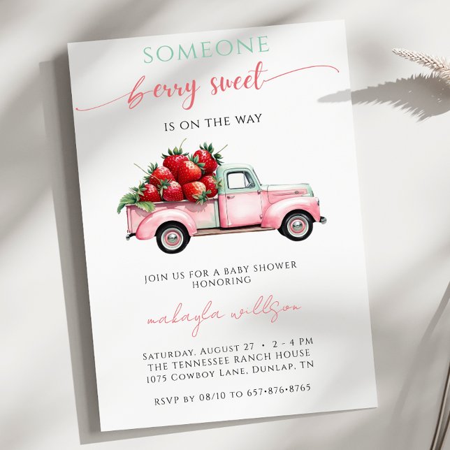 Berry Sweet Rosa Lastbil red jordgubbe Baby Shower Inbjudningar (Skapare uppladdad)