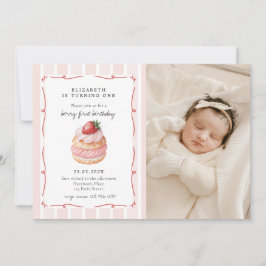 Berry Sweet Rosa Photo First Birthday Inbjudningar