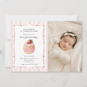 Berry Sweet Rosa Photo First Birthday Inbjudningar