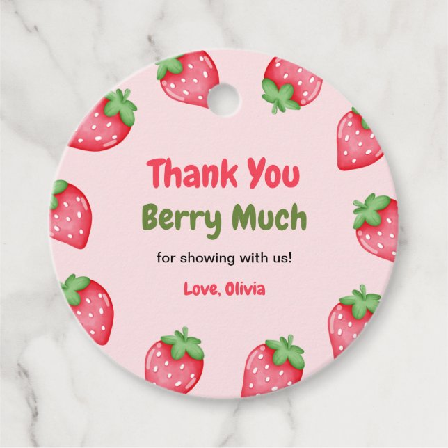 Berry Sweet Rosa Strawberry Baby Shower Tack Gåvor Etiketter (Framsida)