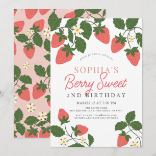 Berry Sweet Rosa Strawberry Blommigt 2:a födelseda Inbjudningar