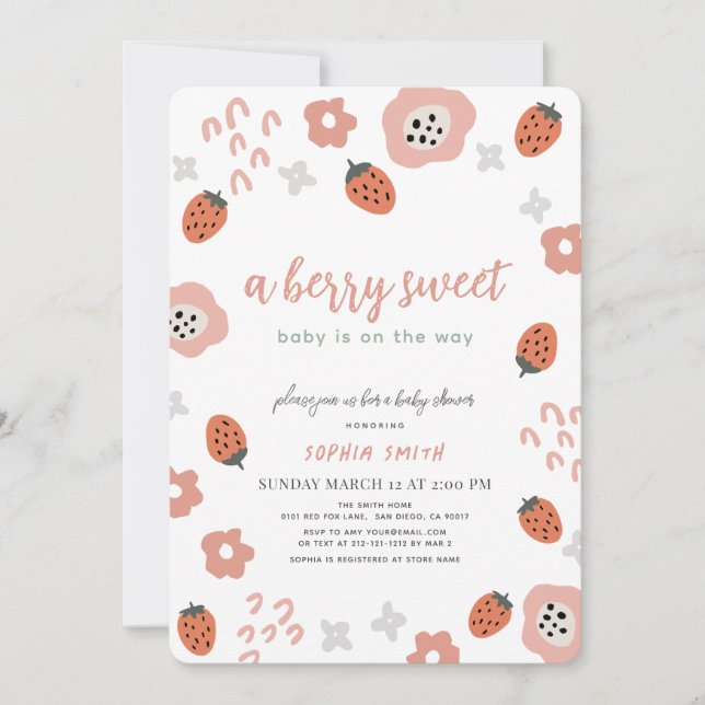 Berry Sweet Rosa Strawberry Girl Baby Shower Inbjudningar (Framsida)