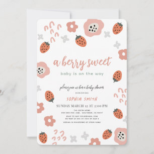 Berry Sweet Rosa Strawberry Girl Baby Shower Inbjudningar