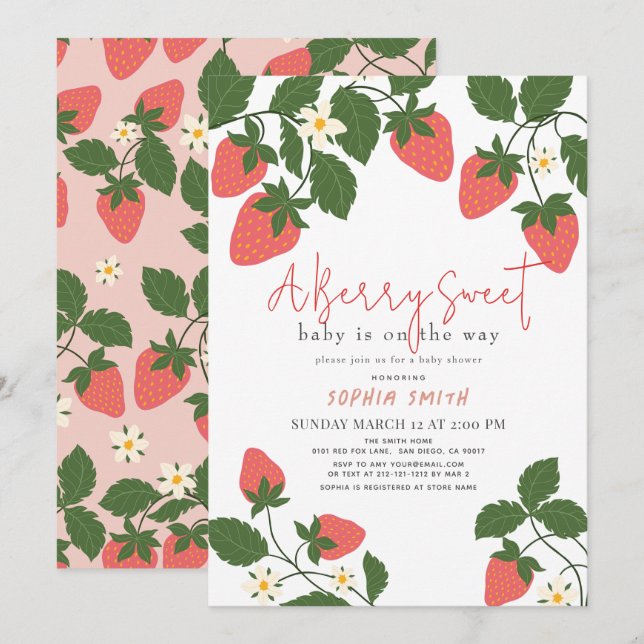Berry Sweet Rosa Strawberry Girl Baby Shower Inbjudningar (Fram/baksida)