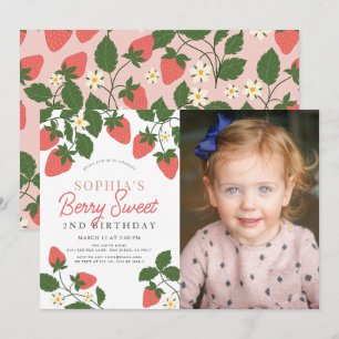 Berry Sweet Rosa Strawberry Photo 2nd Birthday Inbjudningar