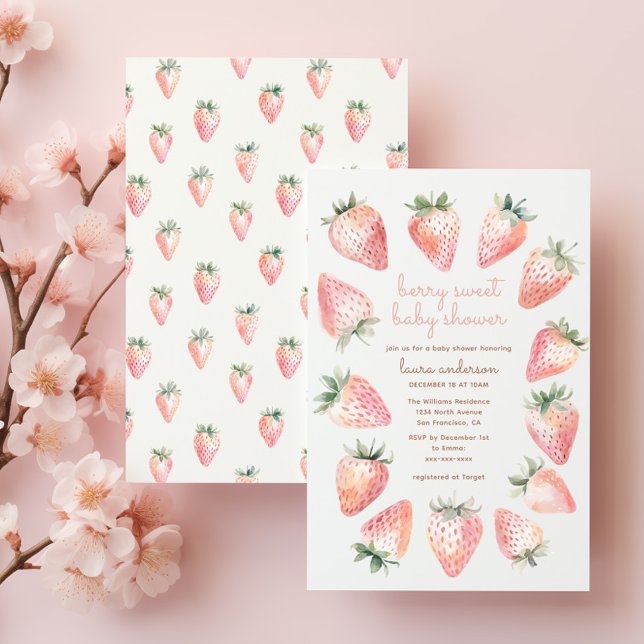 Berry Sweet Shower - Watercolor Strawbär Inbjudningar (Berry sweet baby shower invitation front & back. Pink coquette watercolor strawberries, script font)