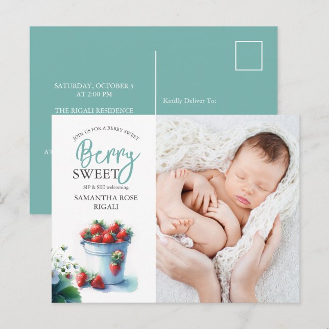 Berry Sweet Sip och See Baby Shower Inbjudan (Fram/baksida)