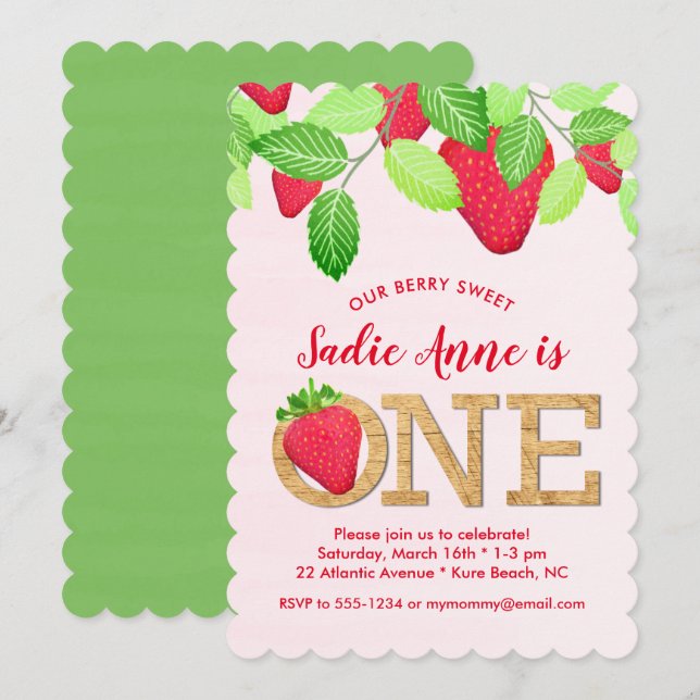Berry Sweet Strawberry 1:a Birthday Girl Red Grönt Inbjudningar (Fram/baksida)