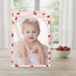 Berry Sweet Strawberry 1st Birthday Photo Folded V Tack Kort