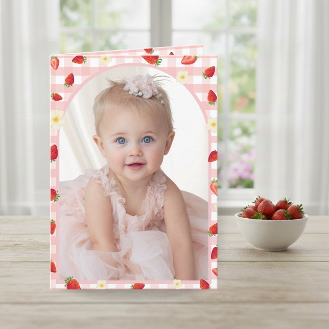 Berry Sweet Strawberry 1st Birthday Photo Folded V Tack Kort (Berry Sweet Strawberry 1st Birthday Photo Folded V Thank You Card - Front)