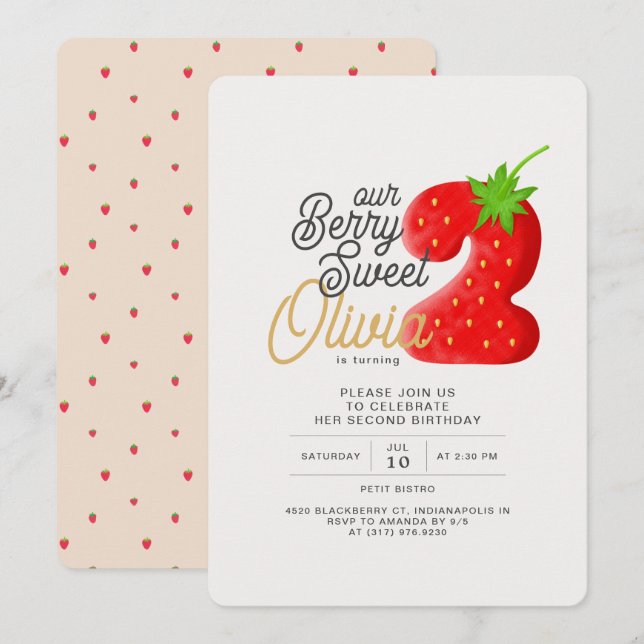 Berry Sweet Strawberry 2:a födelsedagen Inbjudningar (Fram/baksida)