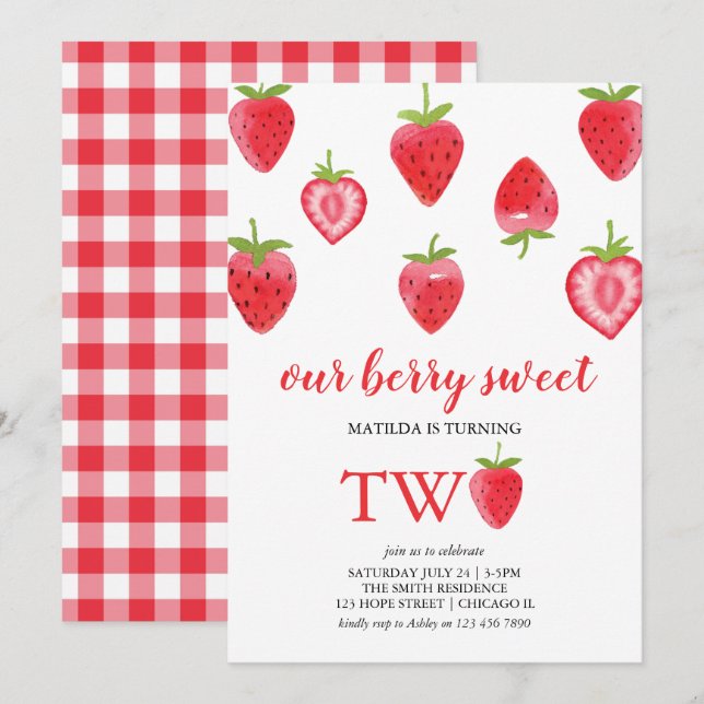Berry Sweet Strawberry 2:a födelsedagsinbjudan Inbjudningar (Fram/baksida)