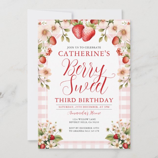Berry Sweet Strawberry 3:e födelsedagen Party Blom Inbjudningar (Framsida)