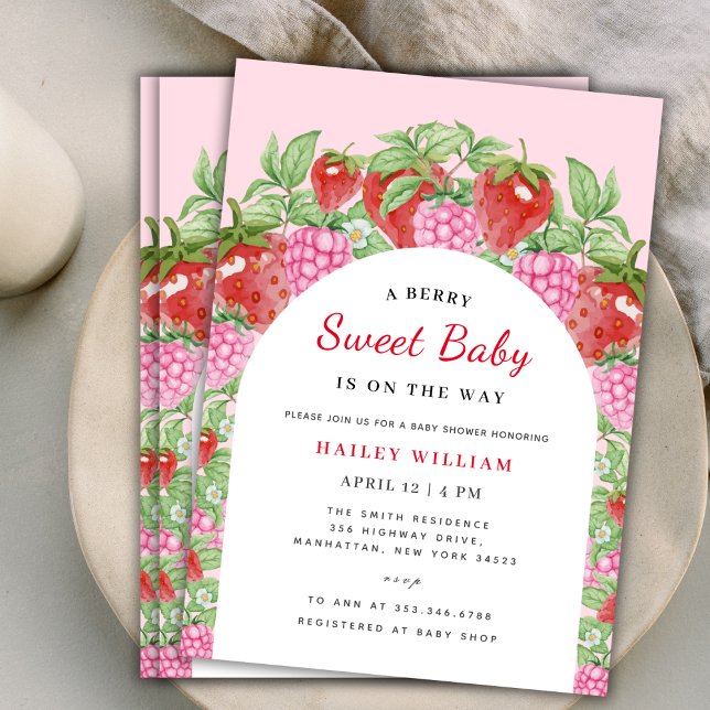 Berry Sweet Strawberry Arch Girl Shower Inbjudningar (Berry Sweet Strawberry Arch Girl Baby Shower Invitation)