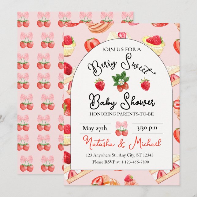 Berry Sweet Strawberry Baby Shower Inbjudningar (Fram/baksida)