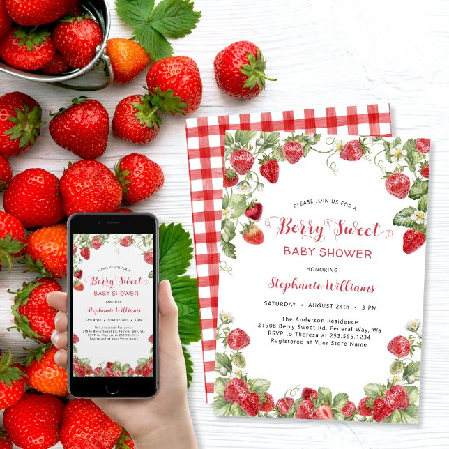 Berry Sweet Strawberry Baby Shower Inbjudningar (Berry Sweet Strawberry Baby Shower Invitation)
