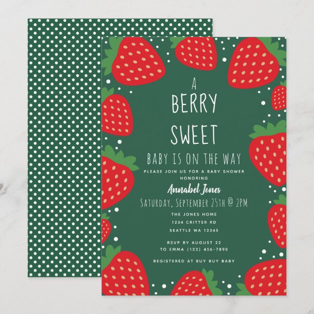 Berry Sweet Strawberry Baby Shower Inbjudningar (Fram/baksida)