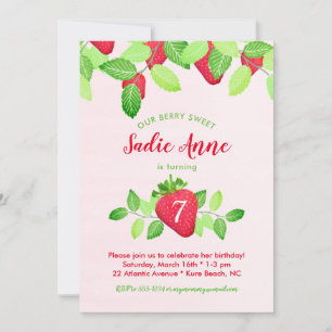 Berry Sweet Strawberry Birthday Girl Red & Rosa Inbjudningar