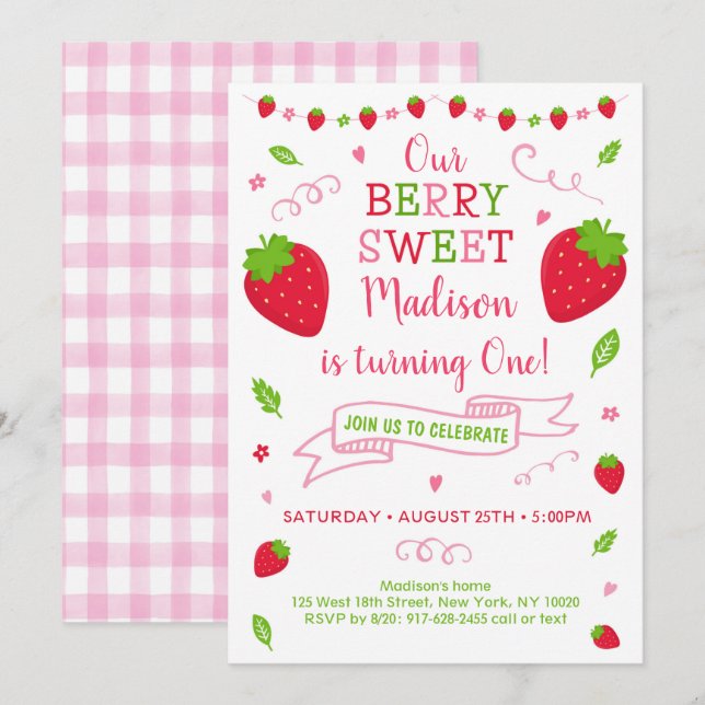 Berry Sweet Strawberry Birthday Inbjudningar (Fram/baksida)