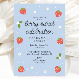 Berry Sweet Strawberry Birthday Periwinkle Blue Inbjudningar
