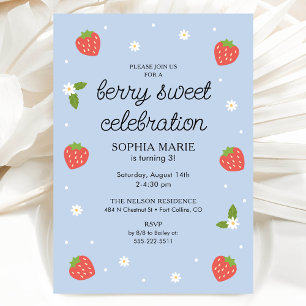 Berry Sweet Strawberry Birthday Periwinkle Blue Inbjudningar