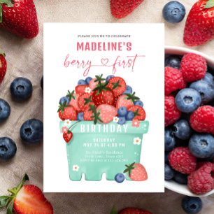 Berry Sweet Strawberry Blueberry Första födelsedag Inbjudningar