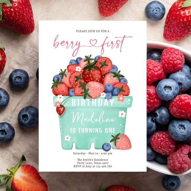 Berry Sweet Strawberry Blueberry Första födelsedag Inbjudningar (Skapare uppladdad)