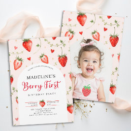 Berry Sweet Strawberry Cute Photo 1st Birthday Inbjudningar