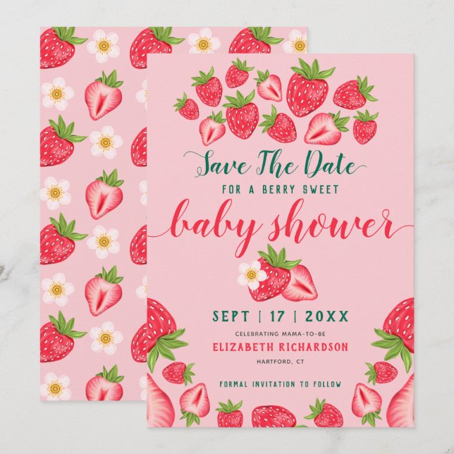 Berry Sweet Strawberry Cute Rosa Baby Shower Spara Datumet (Fram/baksida)