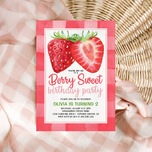 Berry Sweet Strawberry Gingham Girls Birthday Inbjudningar