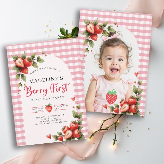 Berry Sweet Strawberry Gingham Photo 1st Birthday Inbjudningar (berry first birthday party photo invitation girls strawberry 1st watercolor summer farmhouse cottage)