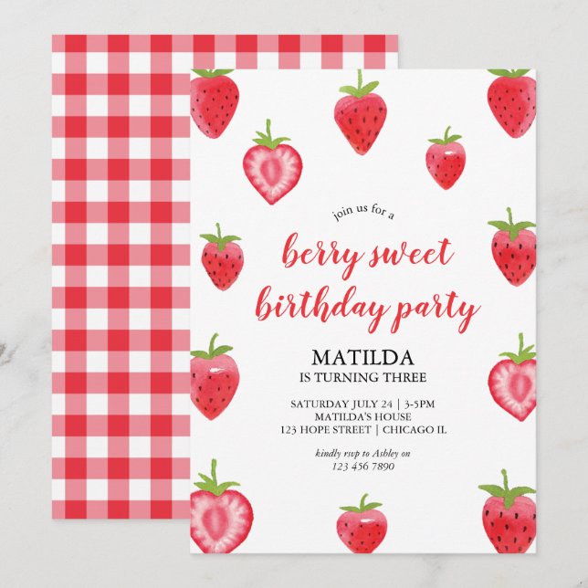 Berry Sweet Strawberry Girl Birthday-inbjudan Inbjudningar (Fram/baksida)