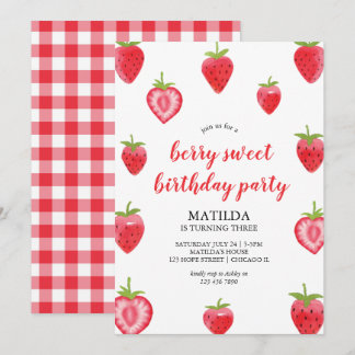 Berry Sweet Strawberry Girl Birthday-inbjudan Inbjudningar