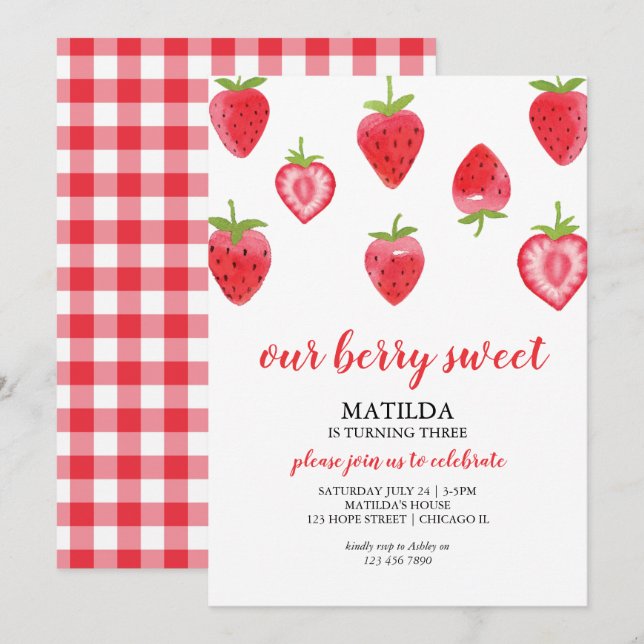 Berry Sweet Strawberry Girl Birthday-inbjudan Inbjudningar (Fram/baksida)