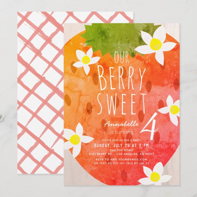 Berry Sweet Strawberry Girl Birthday Inbjudningar (Fram/baksida)
